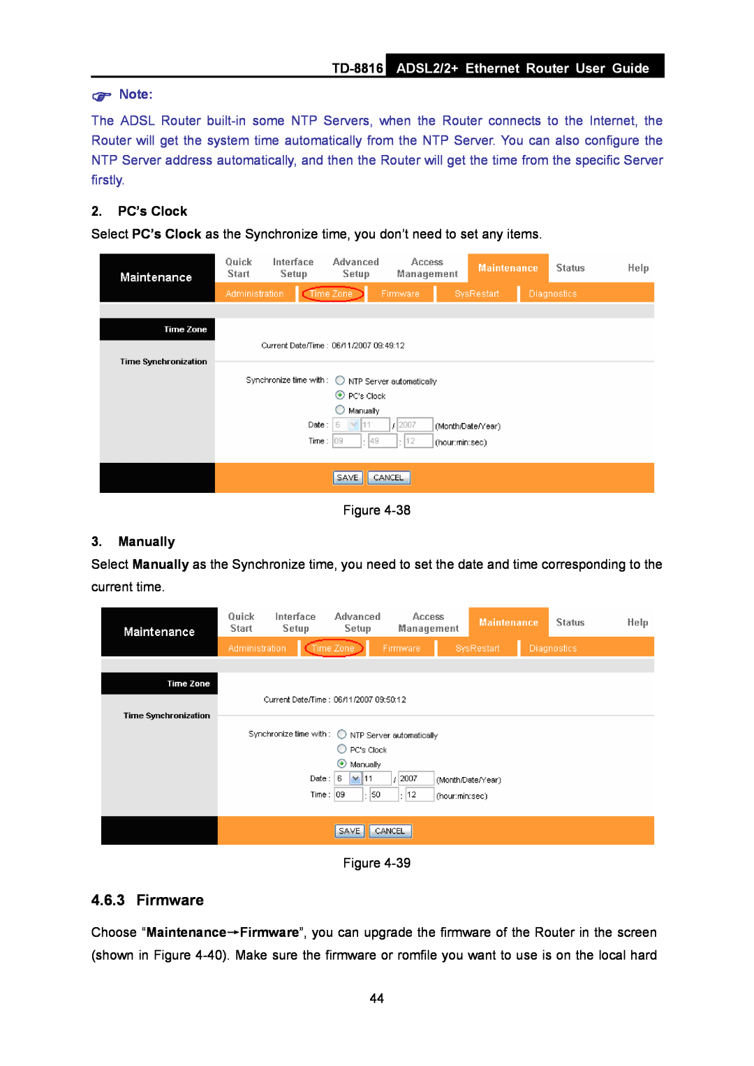 TP-Link TD-8816 manual Firmware, ADSL2/2+ Ethernet Router User Guide, 2. PC’s Clock, Manually 