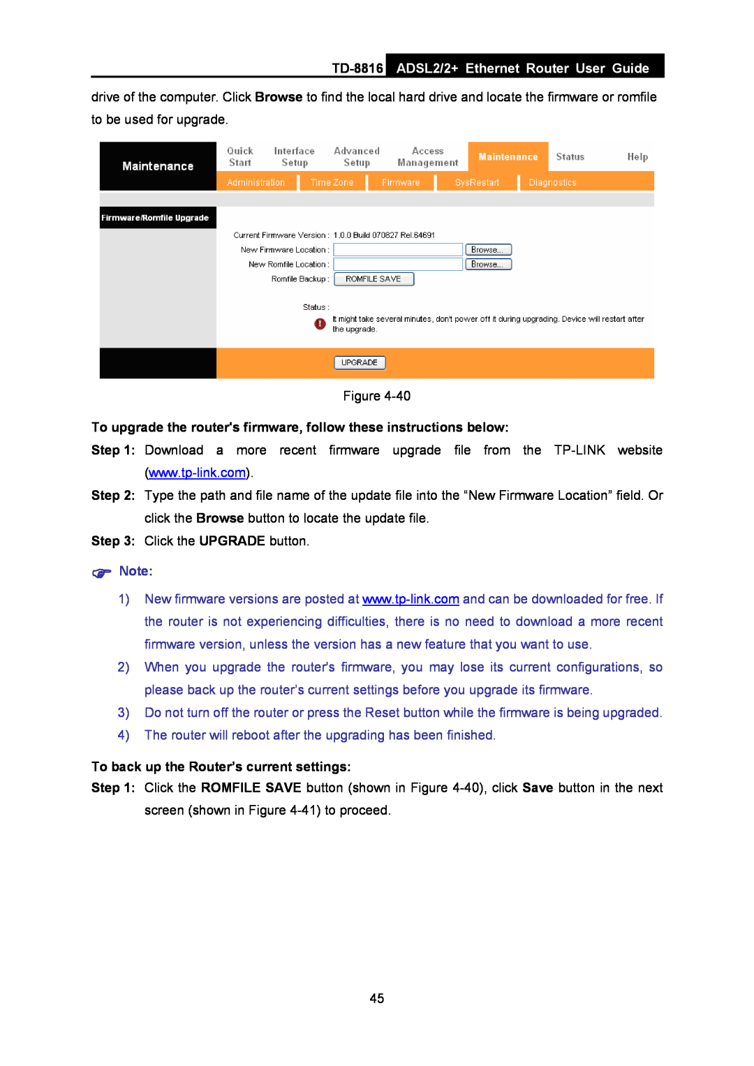 TP-Link TD-8816 ADSL2/2+ Ethernet Router User Guide, To upgrade the routers firmware, follow these instructions below 