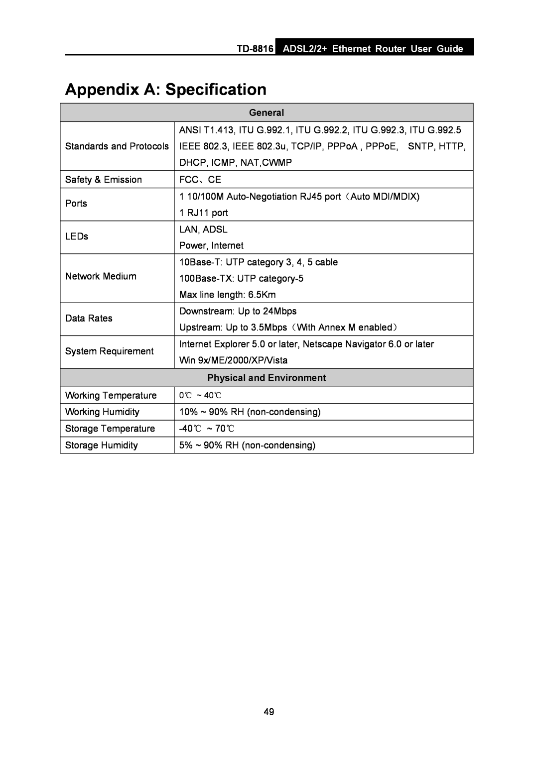 TP-Link TD-8816 manual Appendix A Specification, ADSL2/2+ Ethernet Router User Guide, General, Physical and Environment 