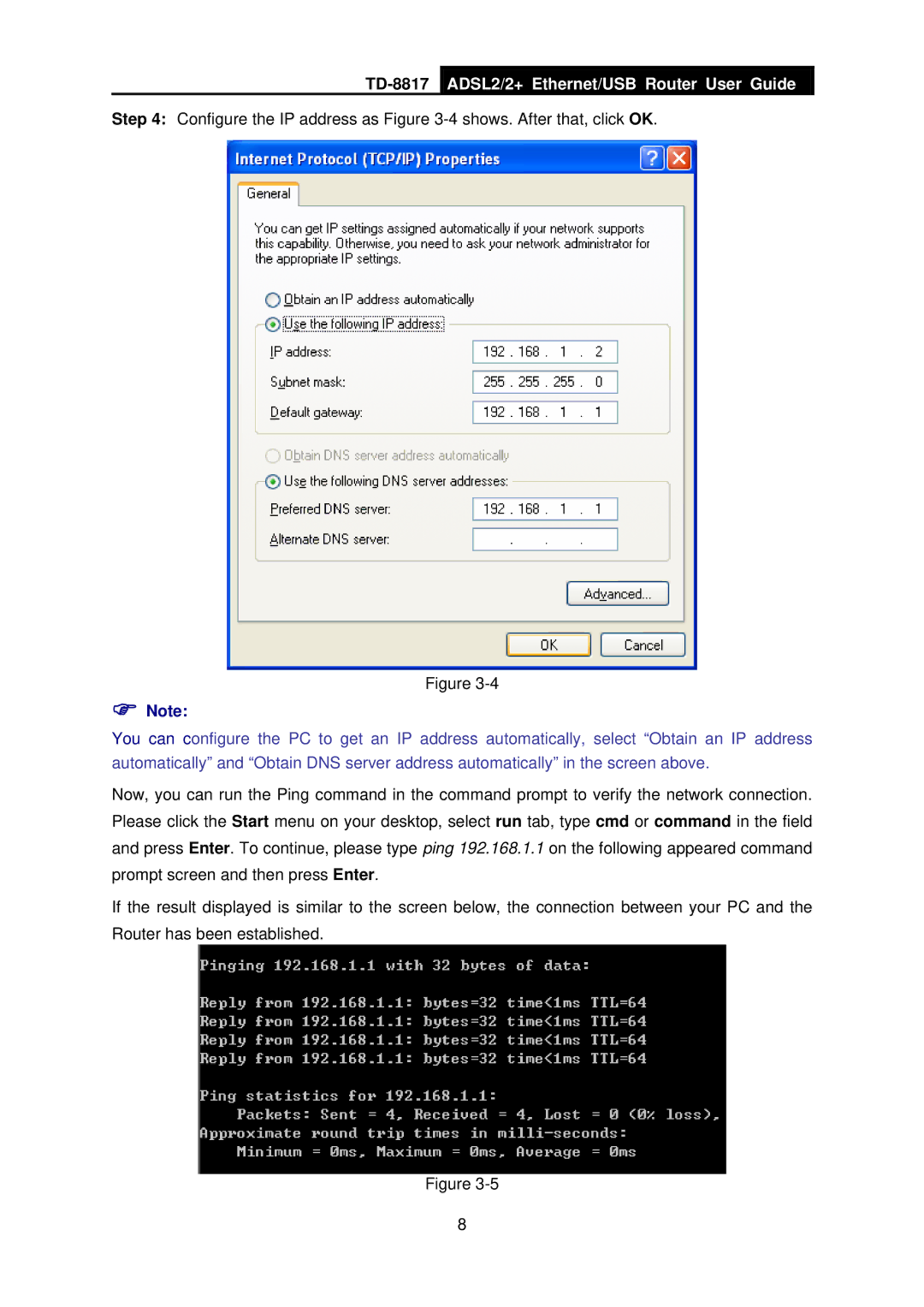 TP-Link TD-8817 manual Configure the IP address as -4 shows. After that, click OK 