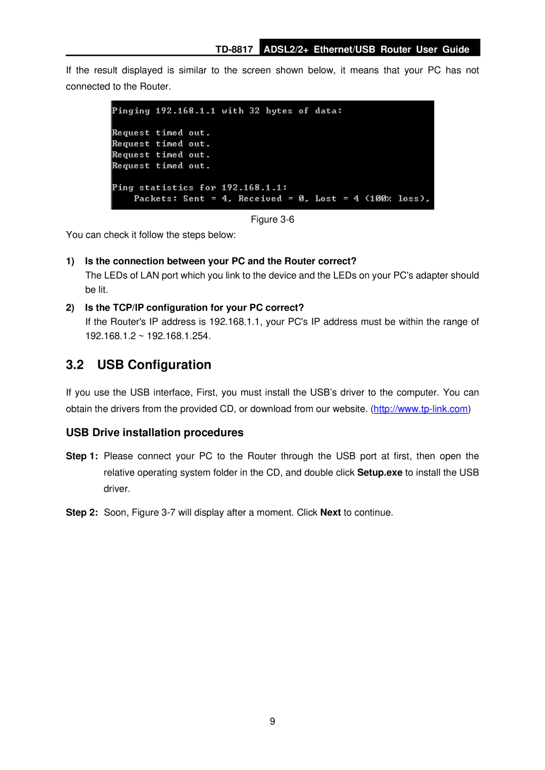 TP-Link TD-8817 USB Configuration, USB Drive installation procedures, Is the TCP/IP configuration for your PC correct? 