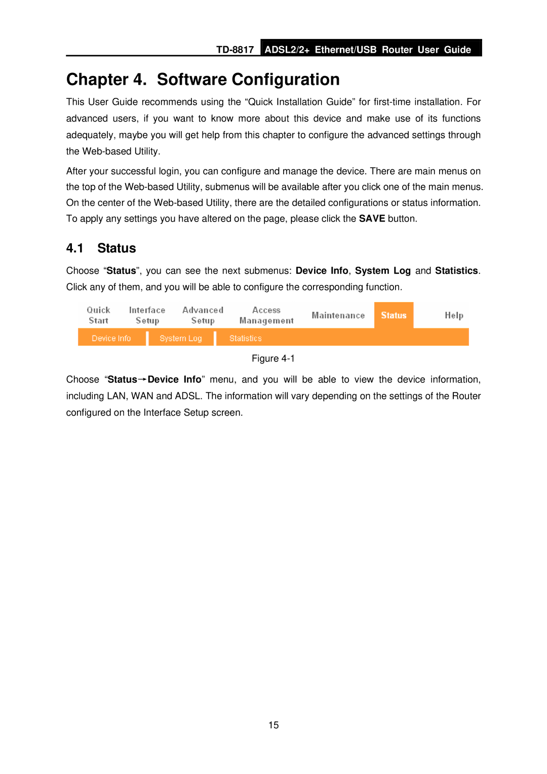 TP-Link TD-8817 manual Software Configuration, Status 