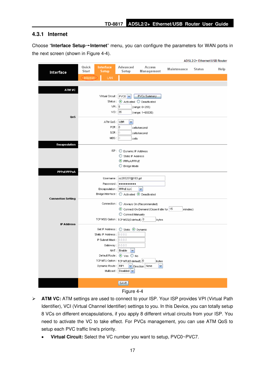 TP-Link TD-8817 manual Internet 