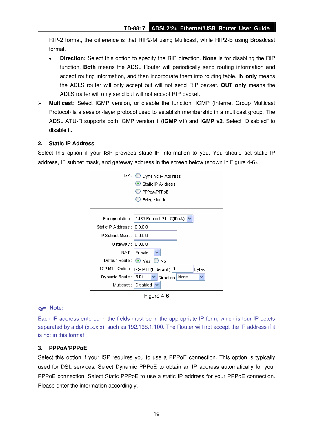 TP-Link TD-8817 manual Static IP Address, PPPoA/PPPoE 