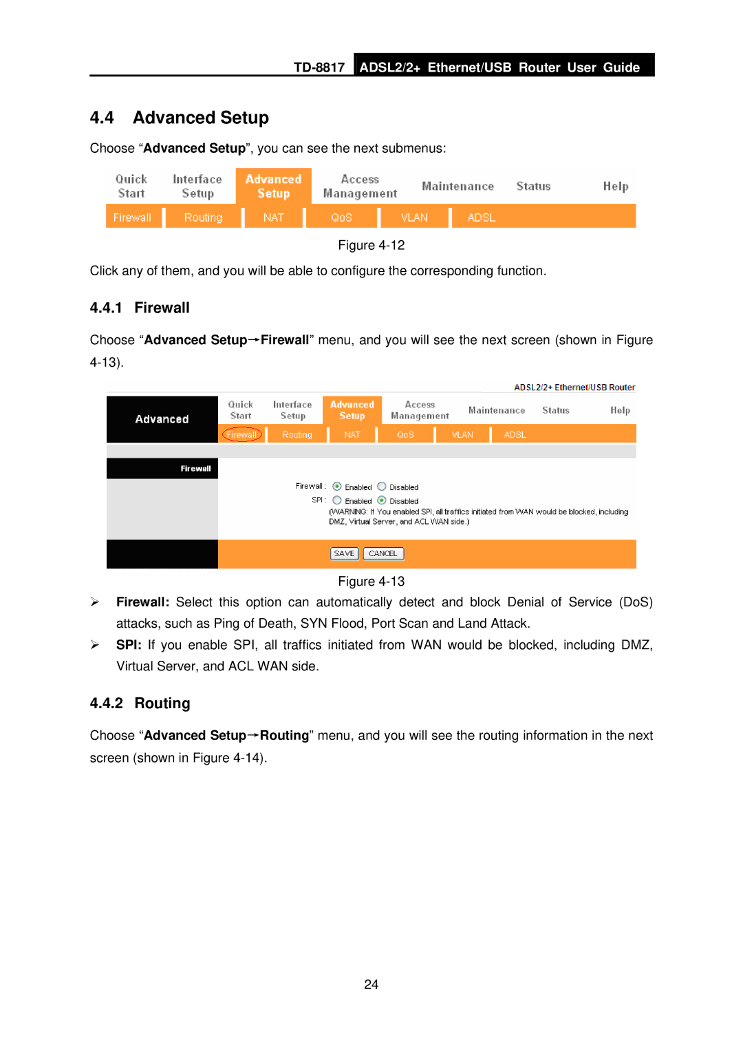 TP-Link TD-8817 manual Advanced Setup, Firewall, Routing 