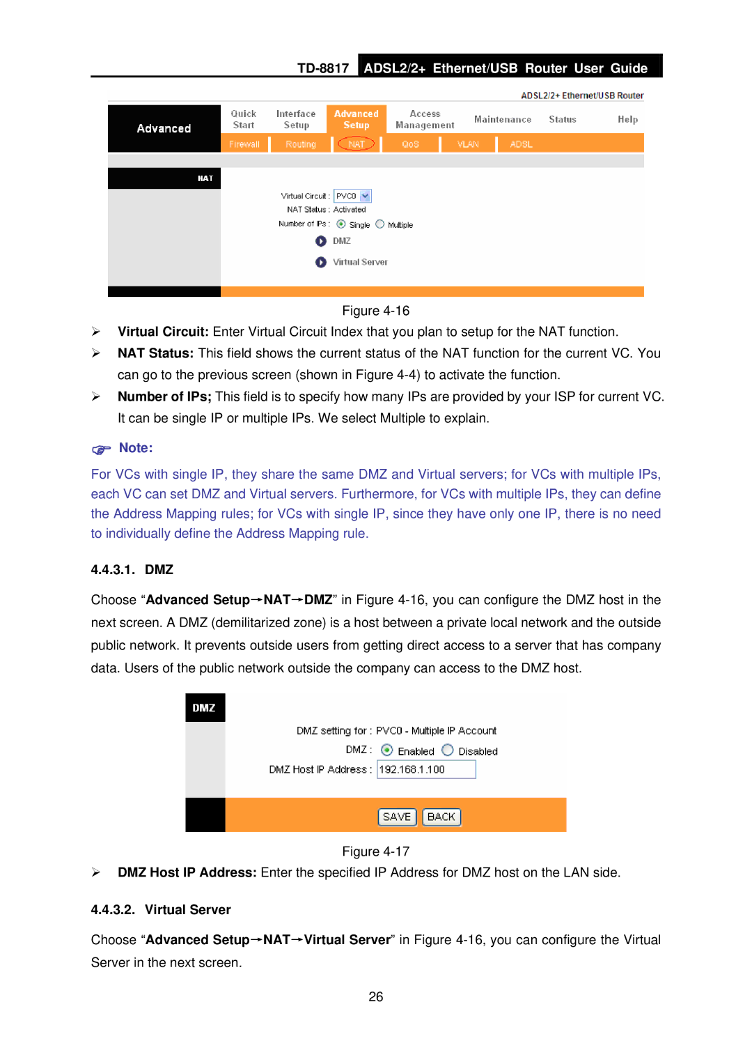 TP-Link TD-8817 manual Dmz, Virtual Server 