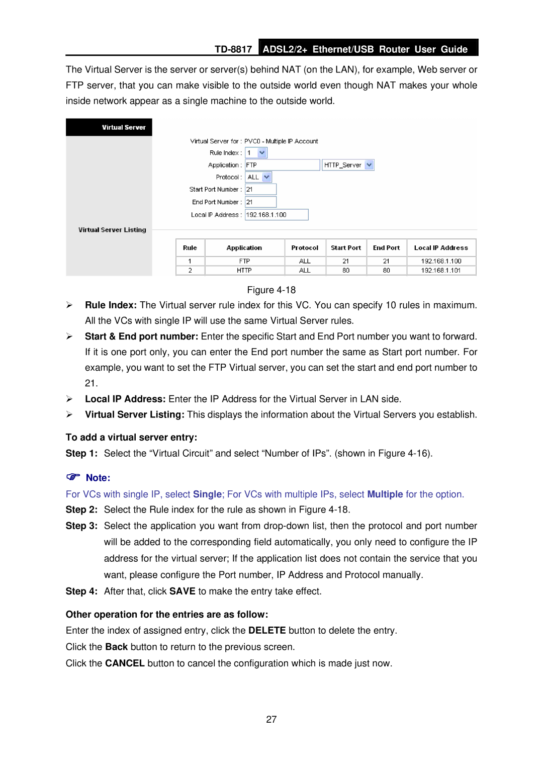 TP-Link TD-8817 manual To add a virtual server entry, Other operation for the entries are as follow 