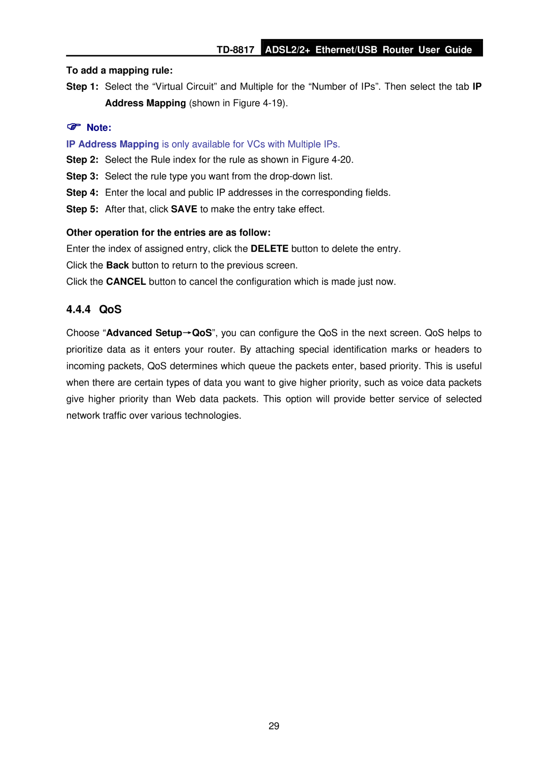 TP-Link TD-8817 manual 4 QoS, To add a mapping rule 