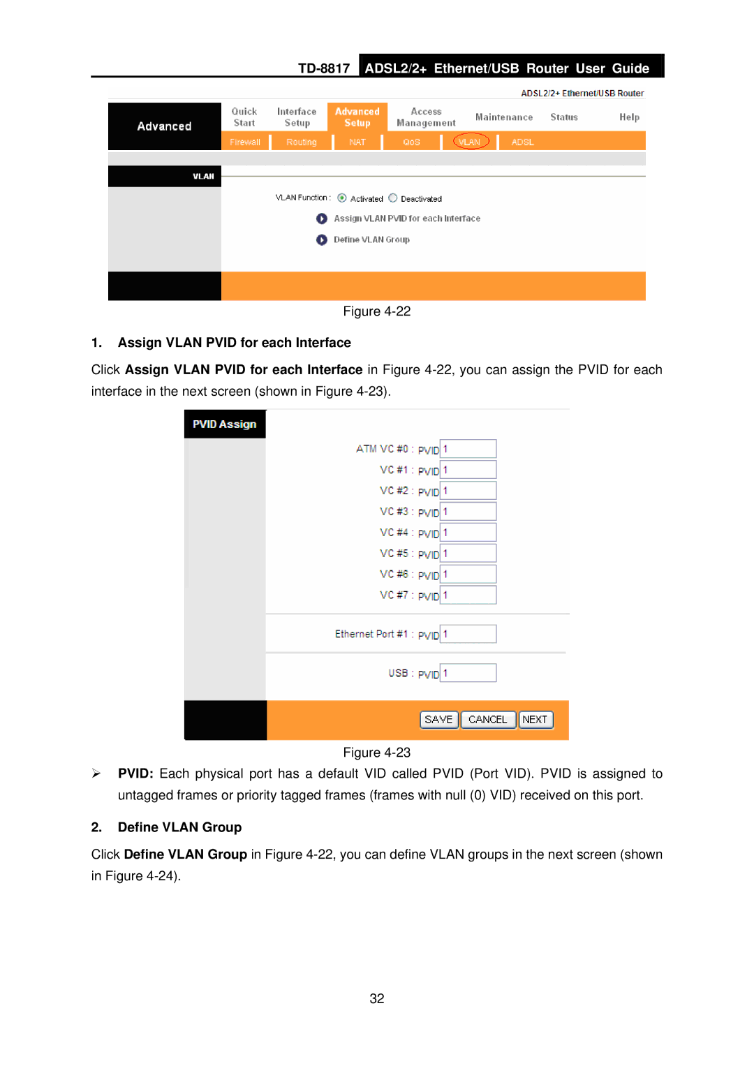 TP-Link TD-8817 manual Assign Vlan Pvid for each Interface, Define Vlan Group 