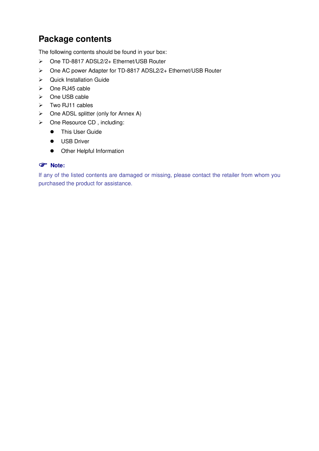 TP-Link TD-8817 manual Package contents 