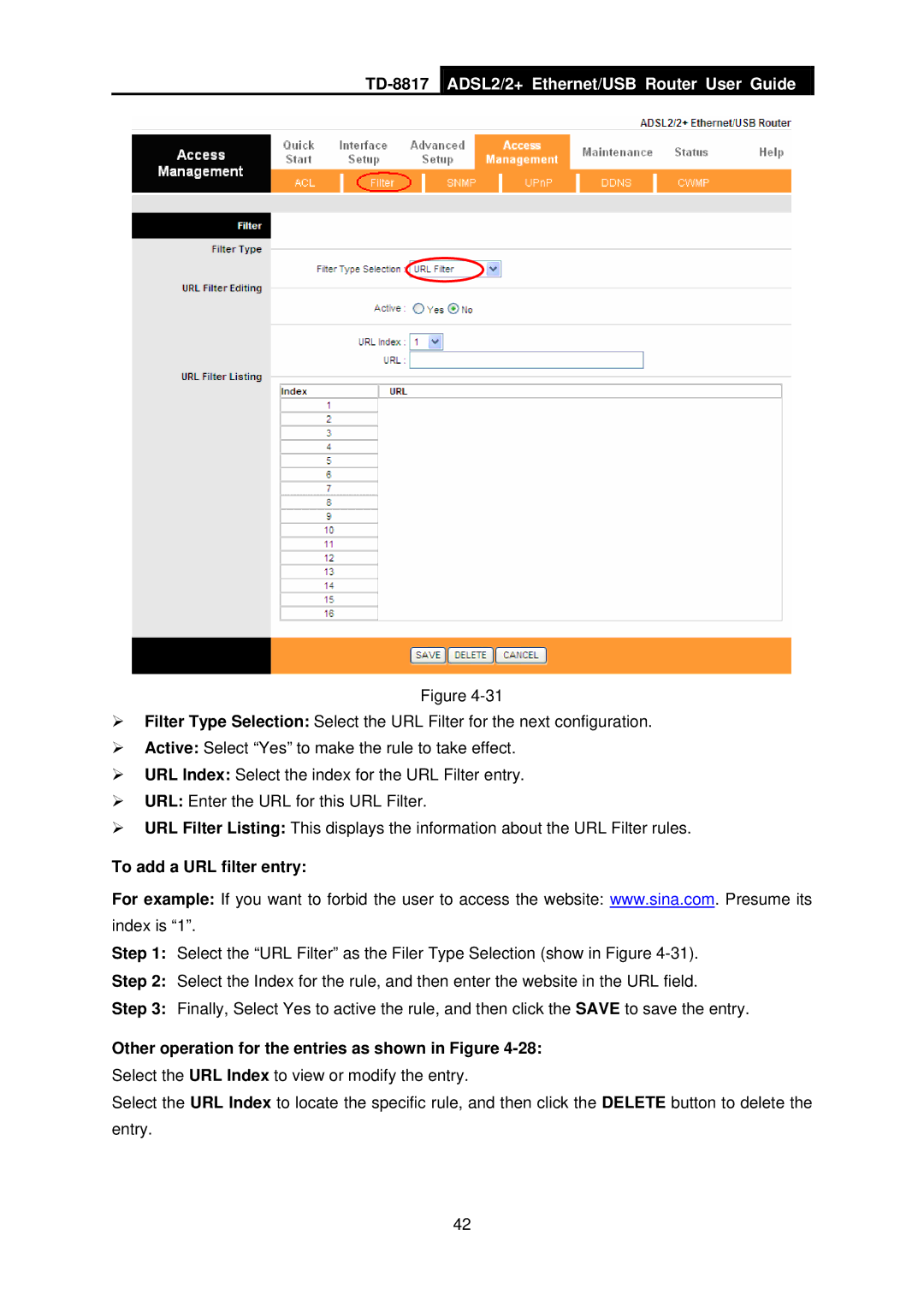 TP-Link TD-8817 manual To add a URL filter entry, Other operation for the entries as shown in Figure 