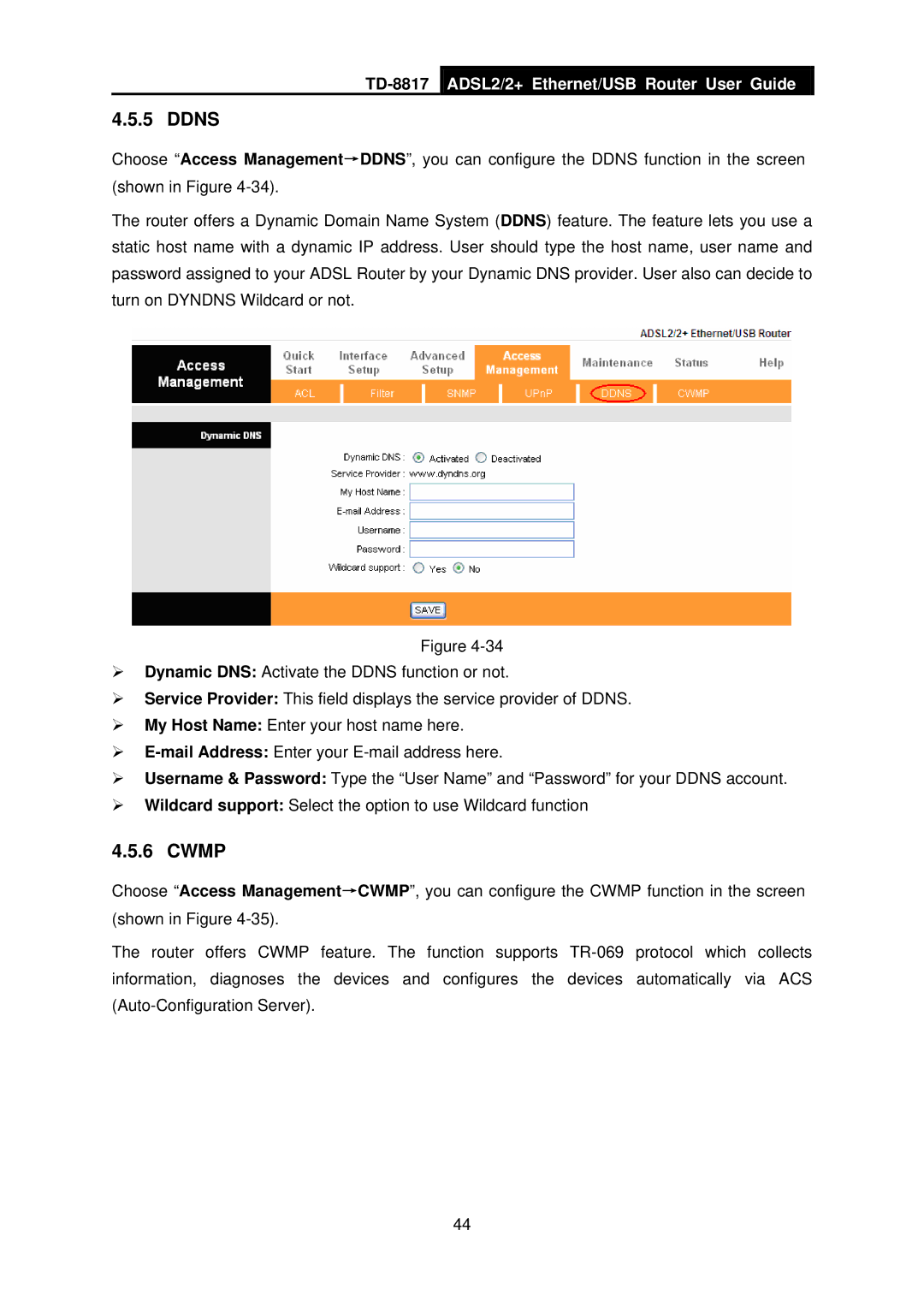 TP-Link TD-8817 manual Ddns, Cwmp 