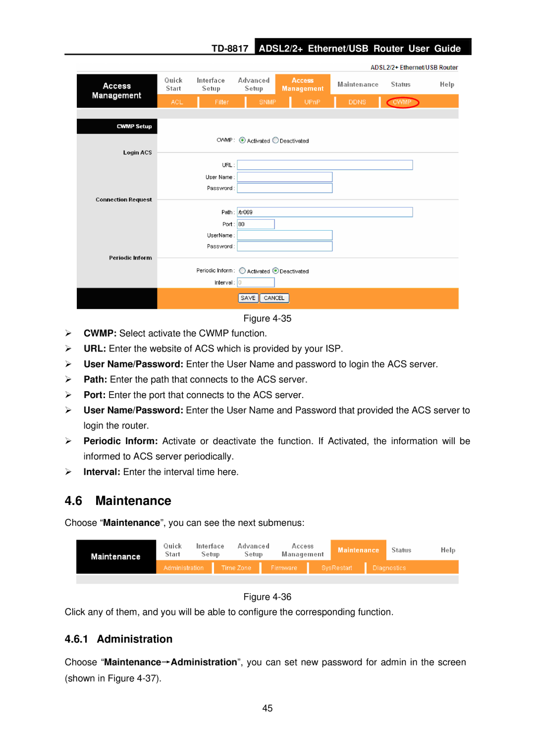 TP-Link TD-8817 manual Maintenance, Administration 