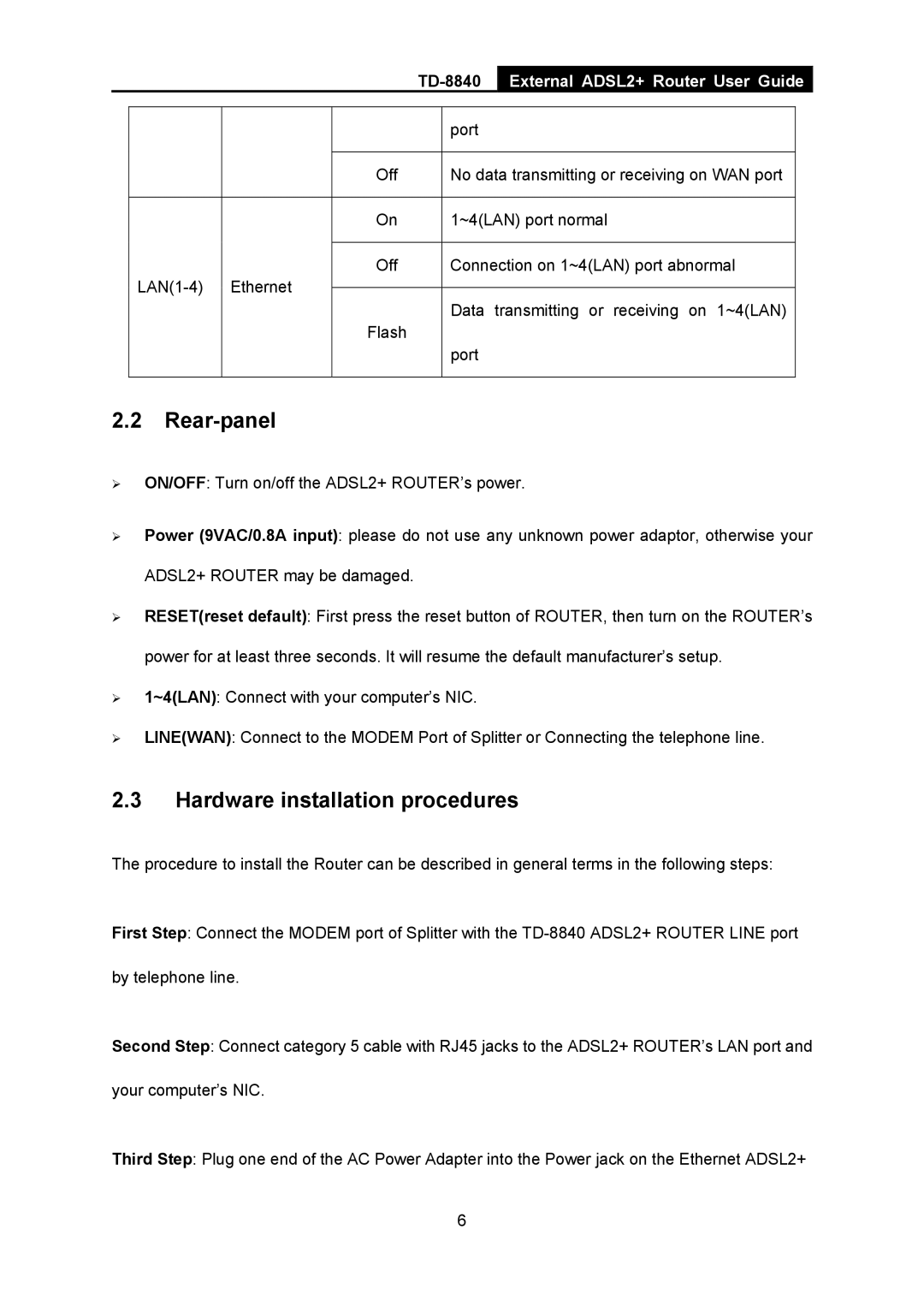 TP-Link TD-8840 manual Rear-panel, Hardware installation procedures 