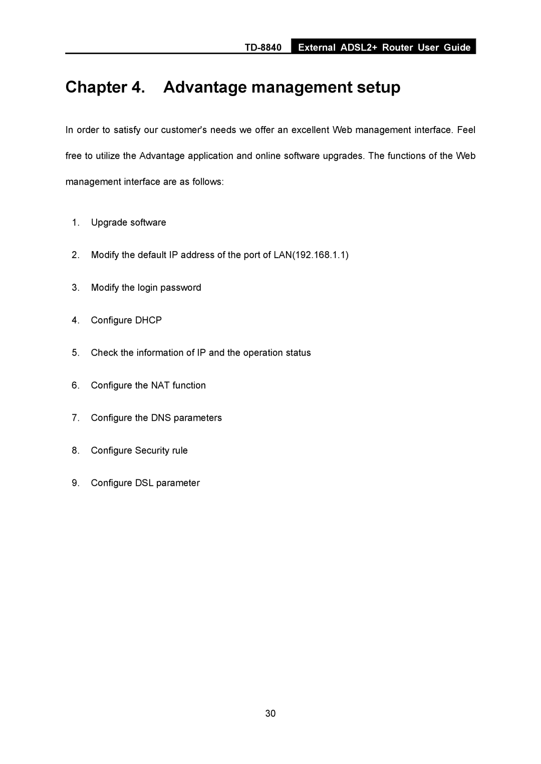 TP-Link TD-8840 manual Advantage management setup 