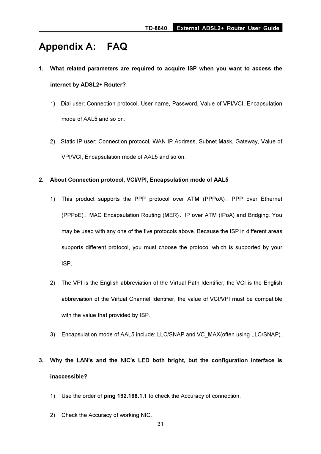 TP-Link TD-8840 manual Appendix a FAQ 