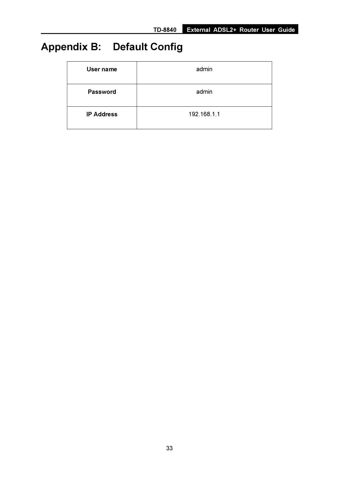 TP-Link TD-8840 manual User name, Password, IP Address 