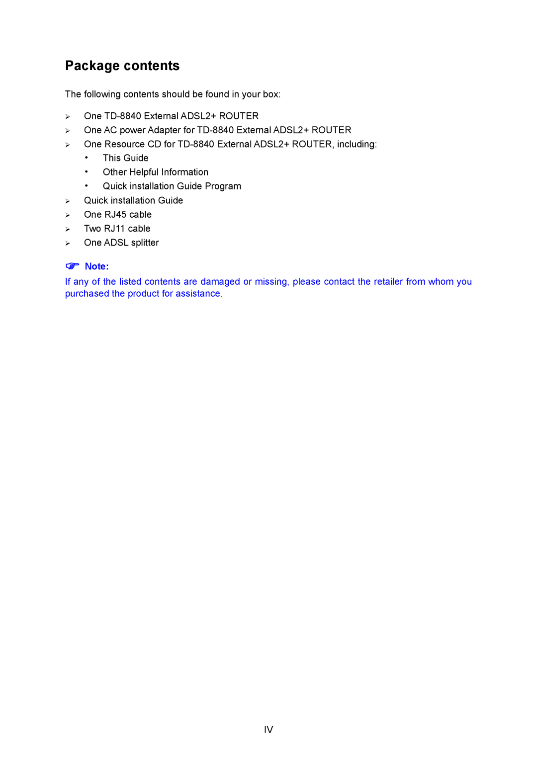 TP-Link TD-8840 manual Package contents 