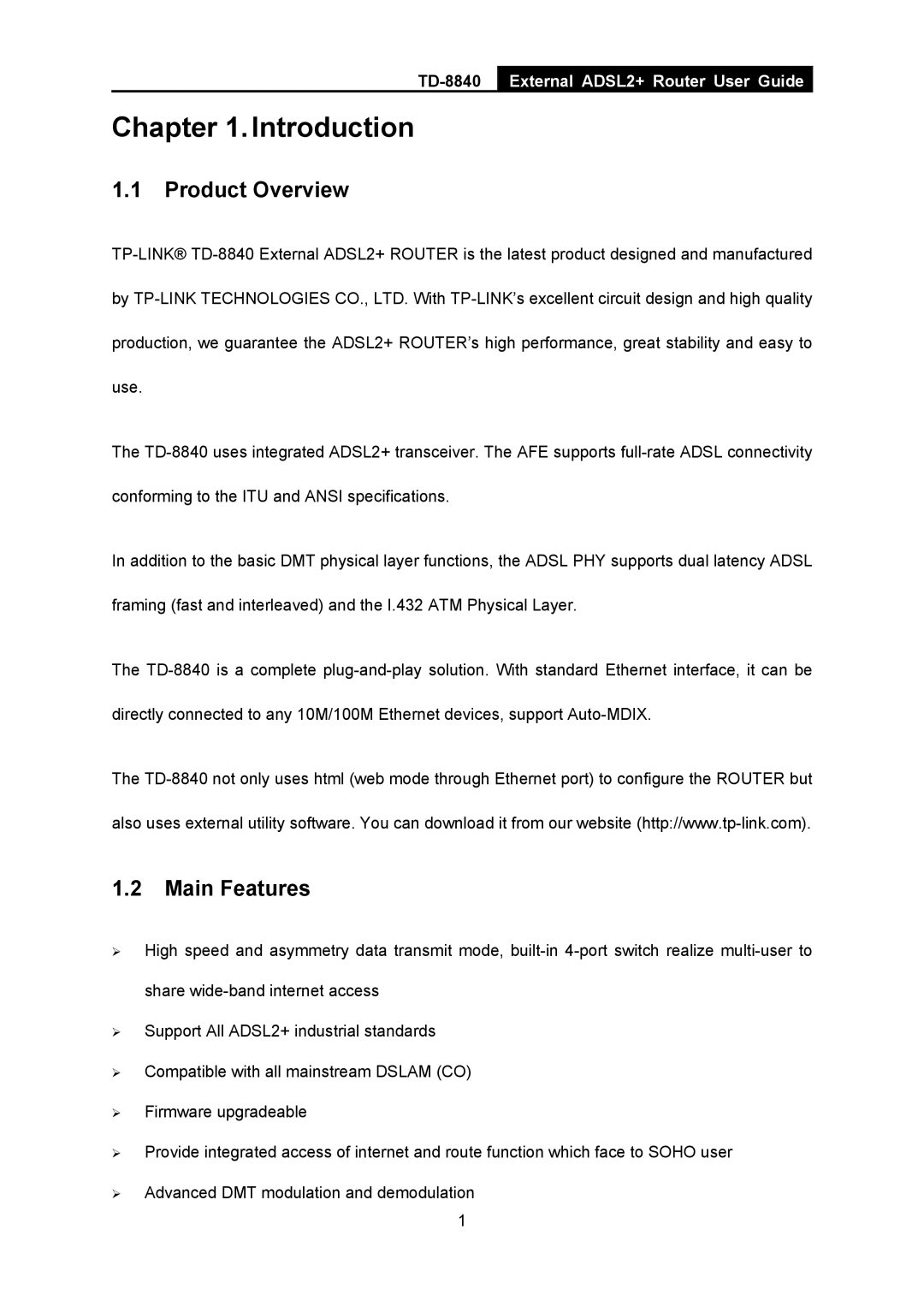 TP-Link TD-8840 manual Product Overview, Main Features 