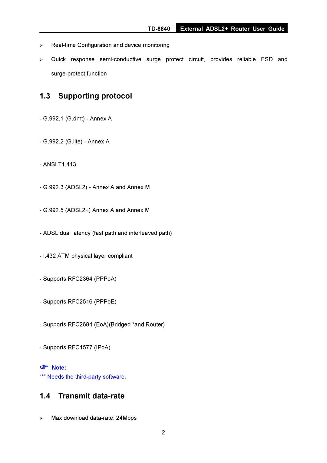 TP-Link TD-8840 manual Supporting protocol, Transmit data-rate 