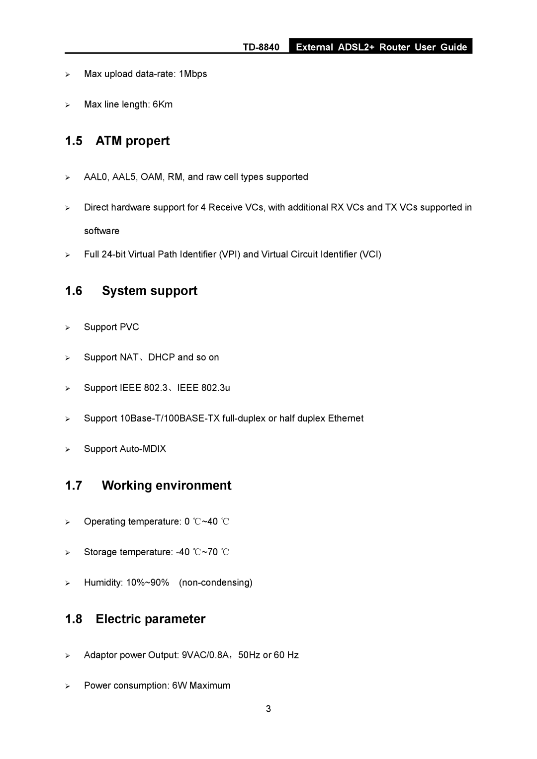 TP-Link TD-8840 manual ATM propert, System support, Working environment, Electric parameter 