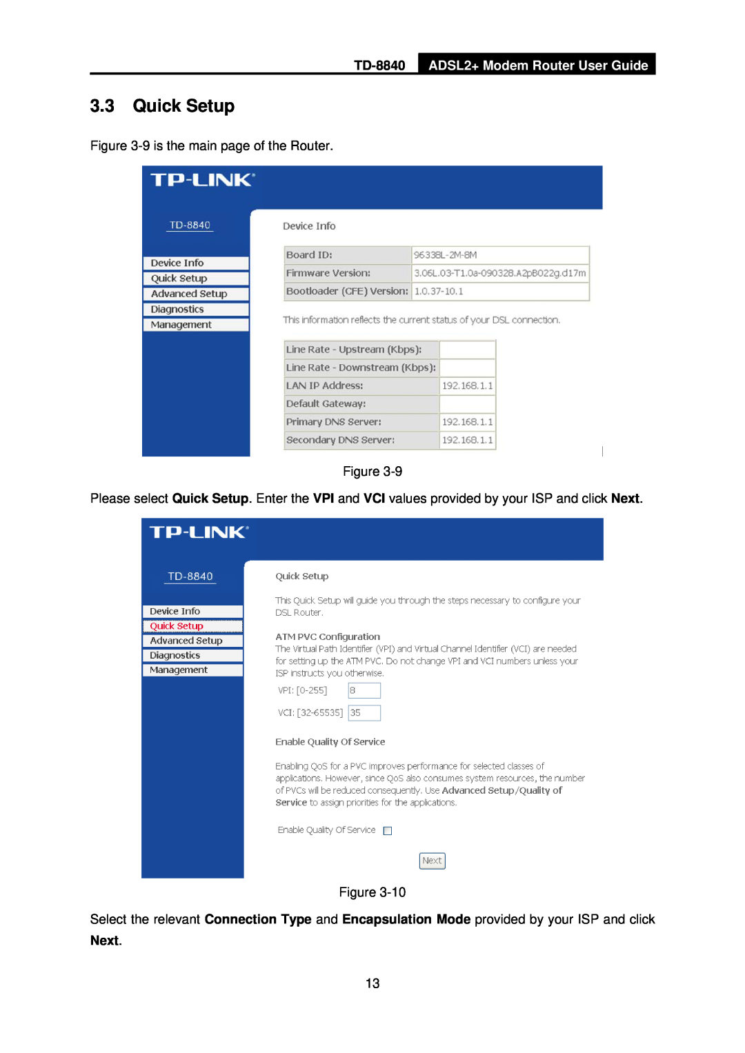 TP-Link TD-8840 manual 3.3Quick Setup, ADSL2+ Modem Router User Guide, Next 