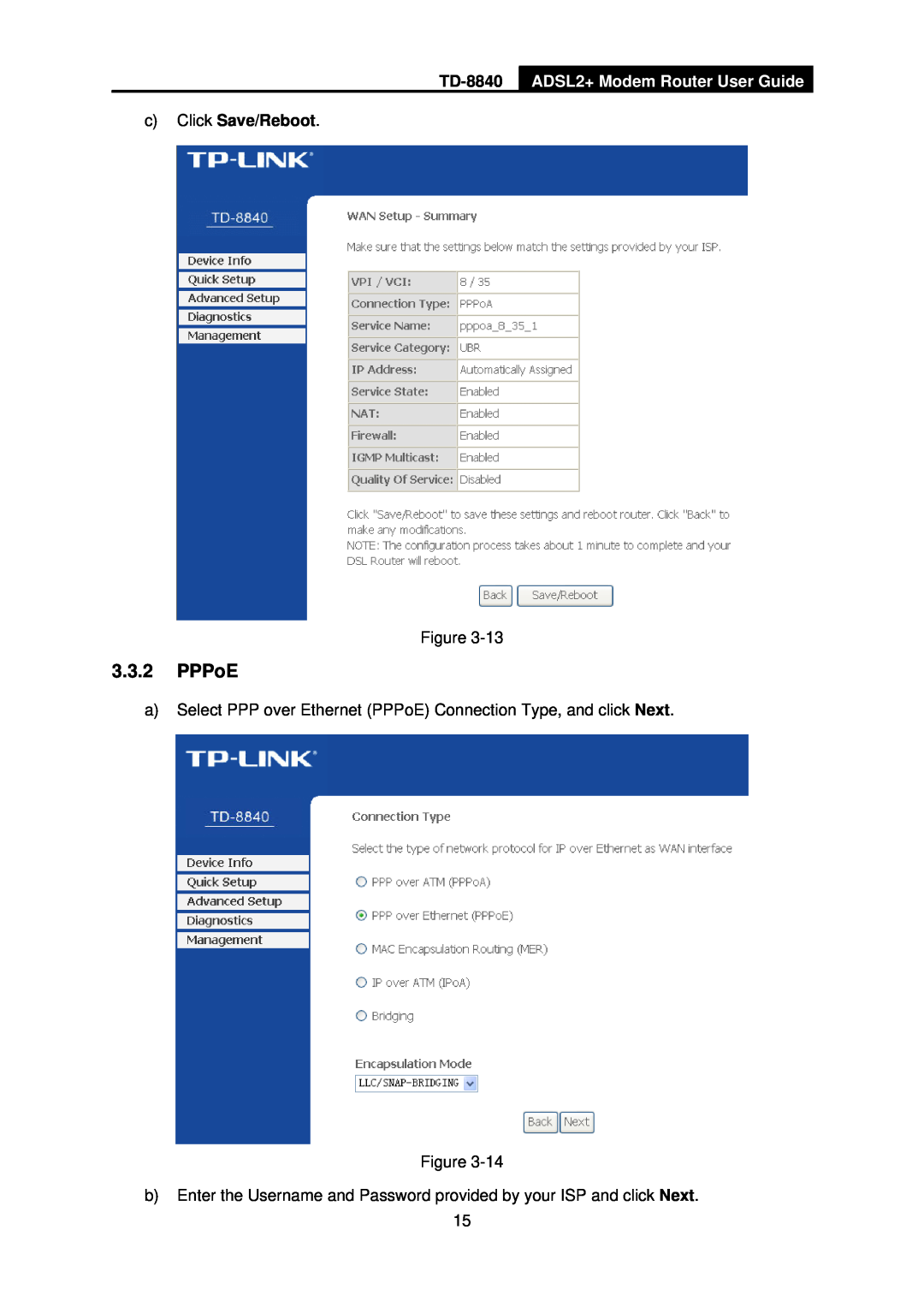 TP-Link TD-8840 manual 3.3.2PPPoE, ADSL2+ Modem Router User Guide, cClick Save/Reboot 