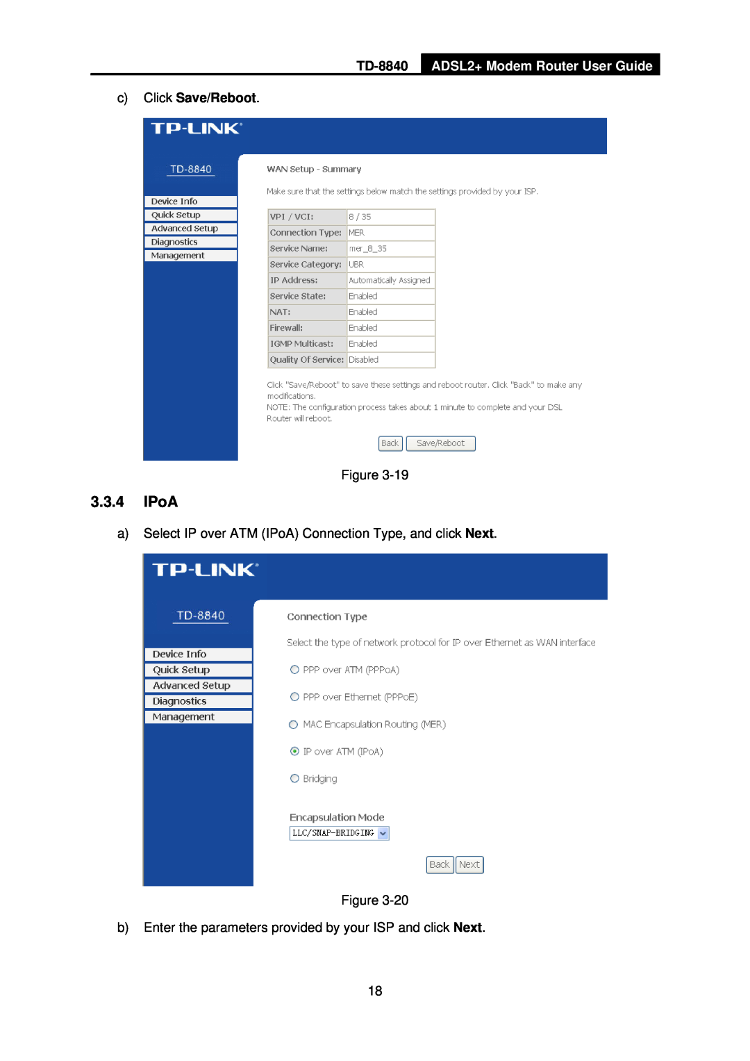 TP-Link TD-8840 manual 3.3.4IPoA, ADSL2+ Modem Router User Guide, cClick Save/Reboot 