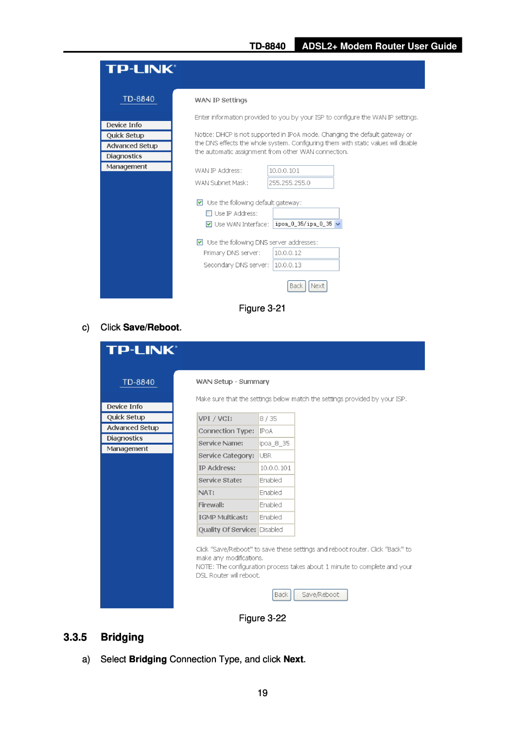 TP-Link TD-8840 manual 3.3.5Bridging, ADSL2+ Modem Router User Guide, cClick Save/Reboot 