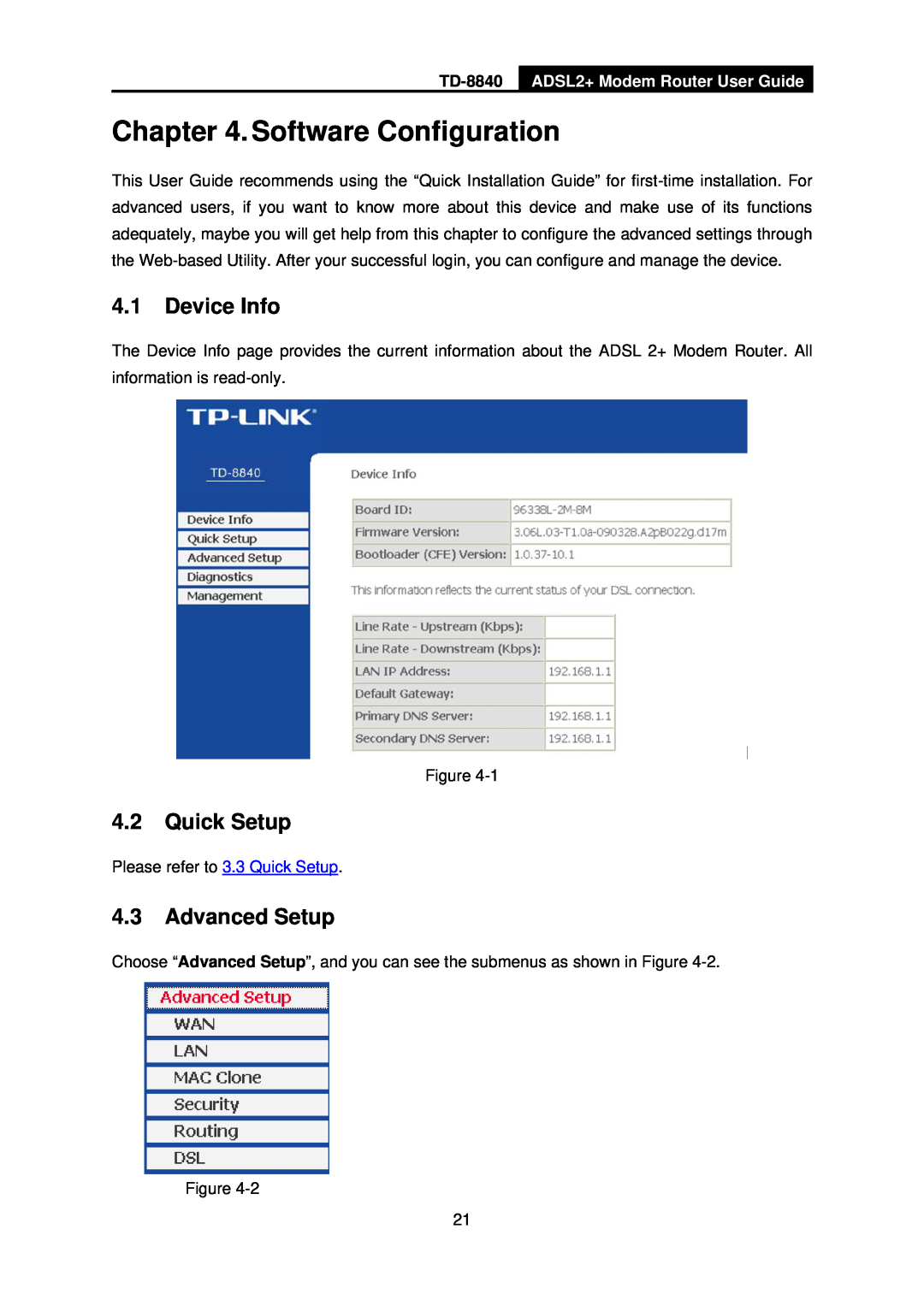 TP-Link TD-8840 Software Configuration, 4.1Device Info, 4.2Quick Setup, 4.3Advanced Setup, ADSL2+ Modem Router User Guide 