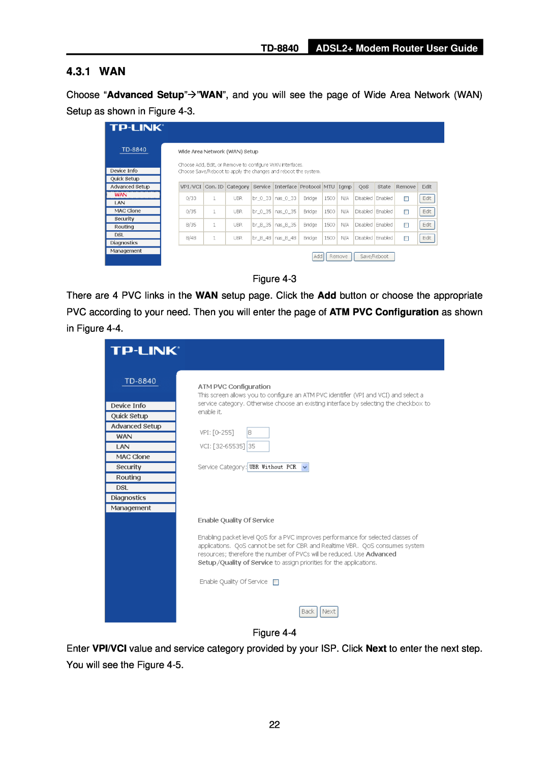 TP-Link TD-8840 manual 4.3.1 WAN, ADSL2+ Modem Router User Guide 