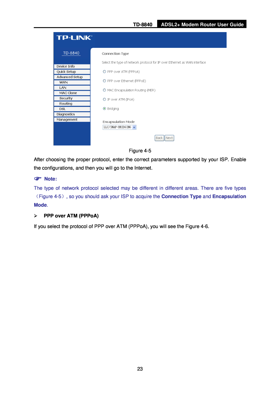 TP-Link TD-8840 manual ADSL2+ Modem Router User Guide, ¾PPP over ATM PPPoA 