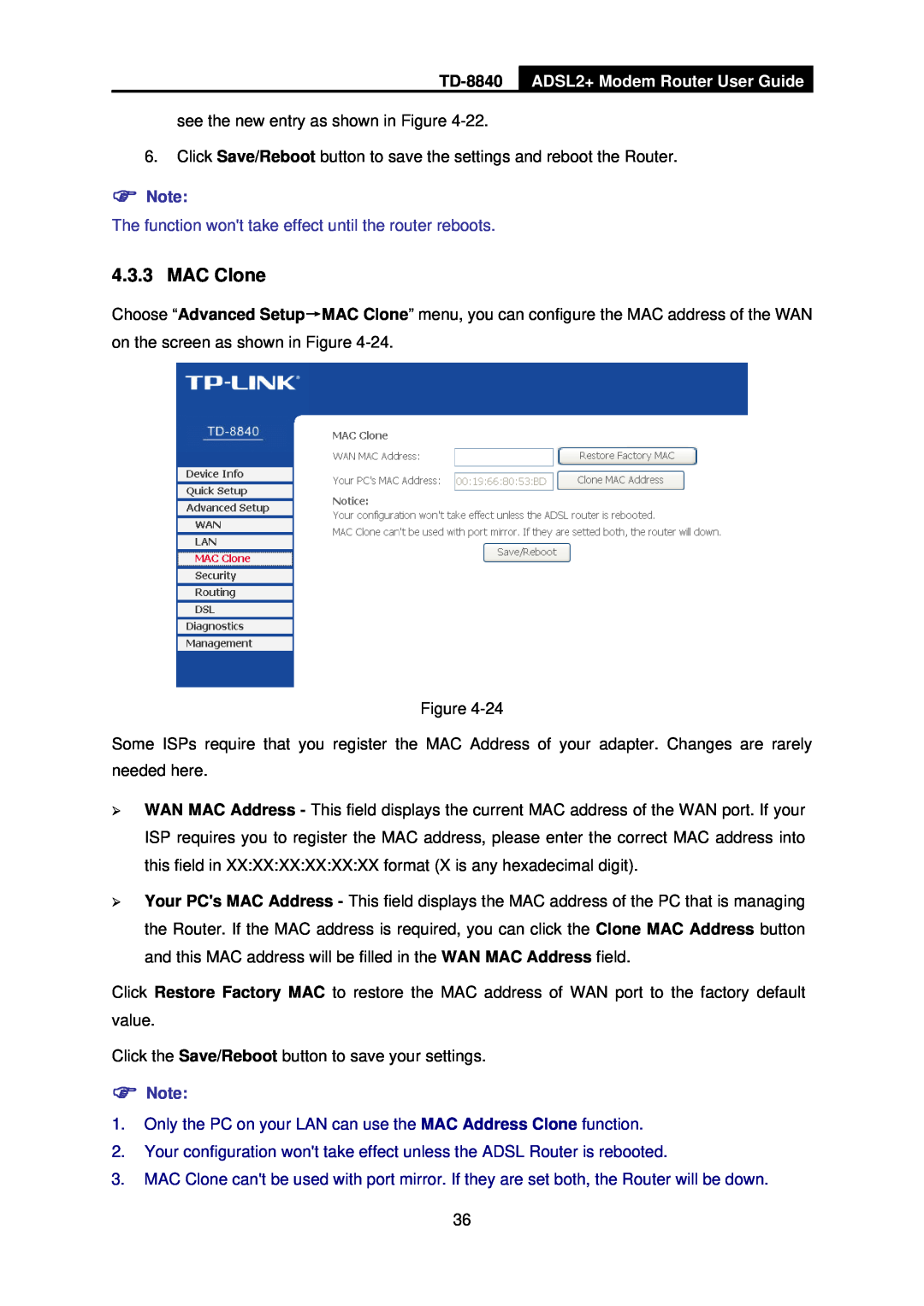 TP-Link TD-8840 manual MAC Clone, ADSL2+ Modem Router User Guide 