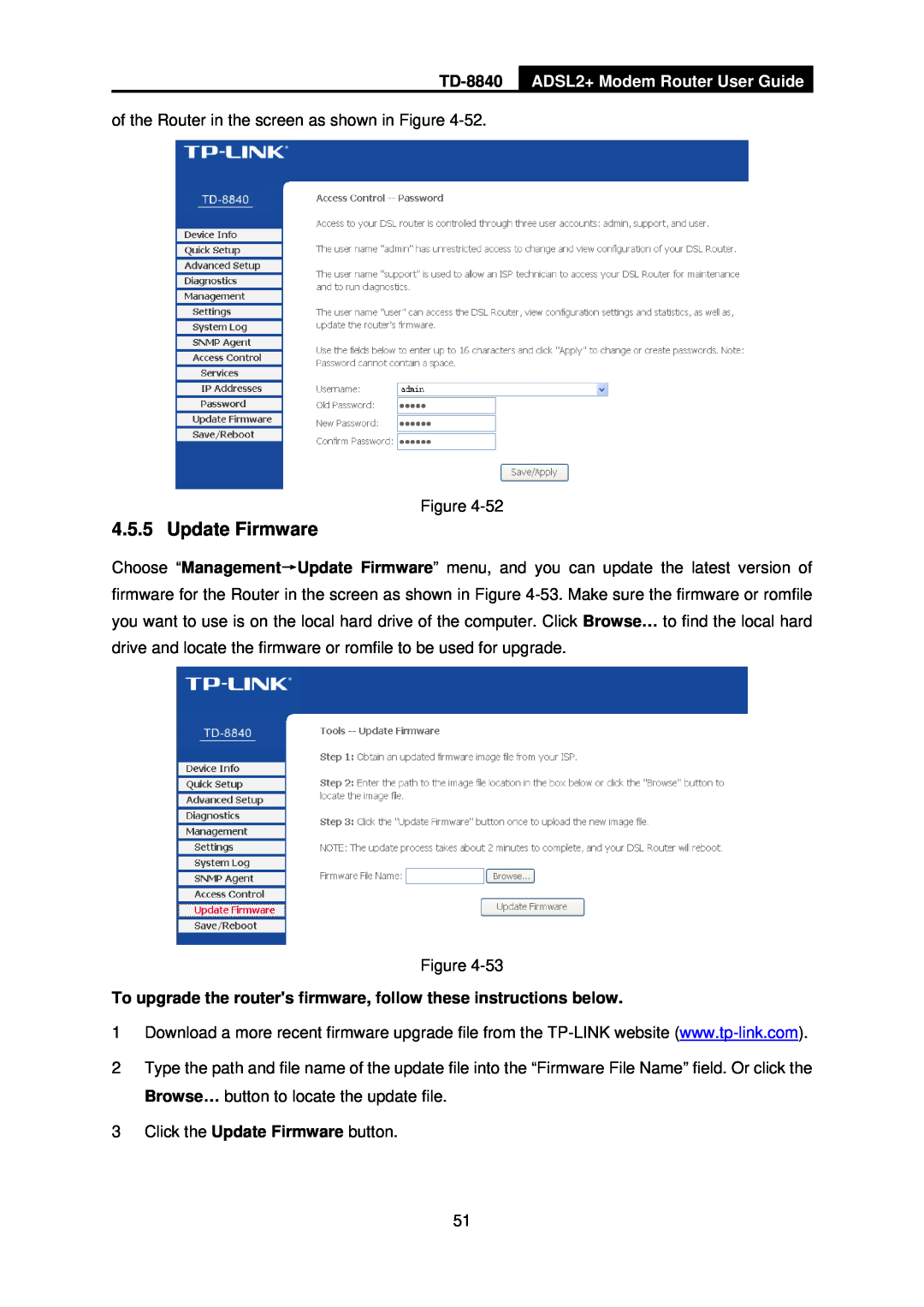 TP-Link TD-8840 manual Update Firmware, ADSL2+ Modem Router User Guide 