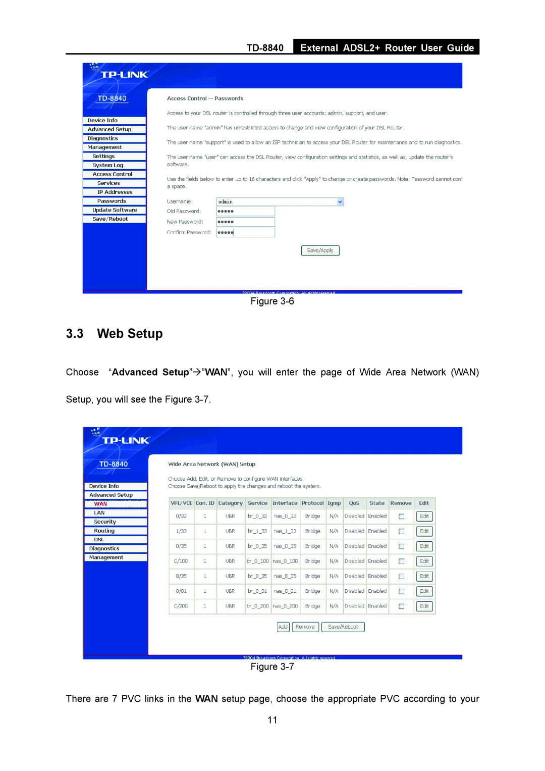 TP-Link TD-8840 manual Web Setup, External ADSL2+ Router User Guide 