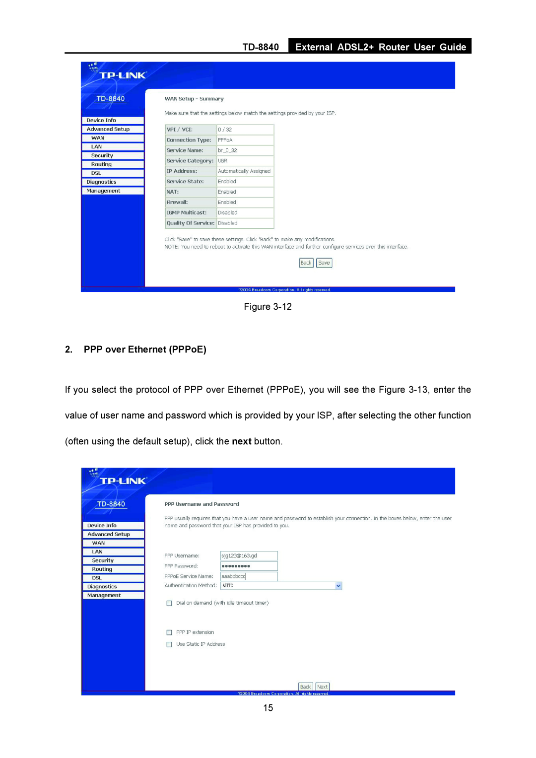 TP-Link TD-8840 manual External ADSL2+ Router User Guide, PPP over Ethernet PPPoE 