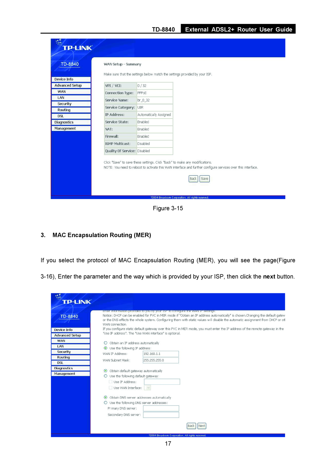 TP-Link TD-8840 manual External ADSL2+ Router User Guide, MAC Encapsulation Routing MER 
