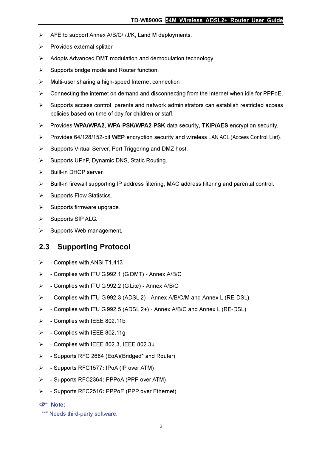 TP-Link TD-W8900G manual Supporting Protocol 