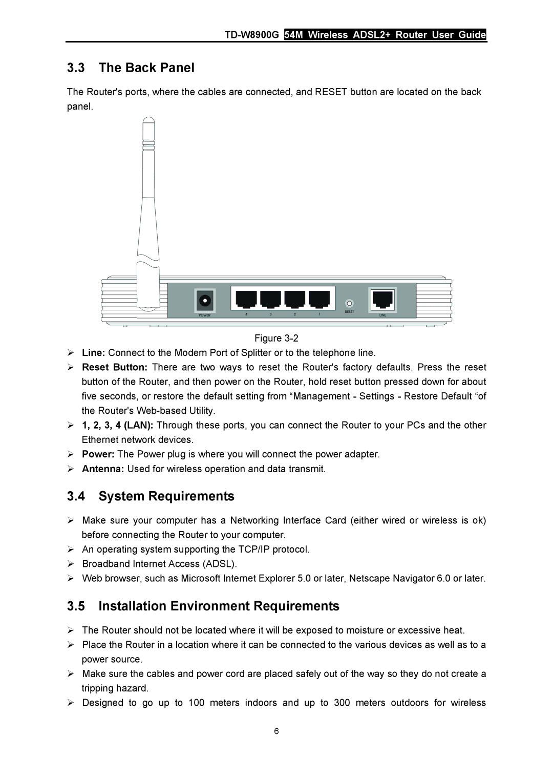 TP-Link TD-W8900G manual Back Panel, System Requirements, Installation Environment Requirements 