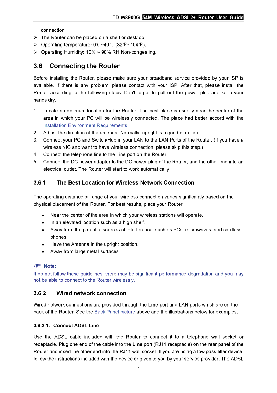 TP-Link TD-W8900G manual Connecting the Router, Best Location for Wireless Network Connection, Wired network connection 