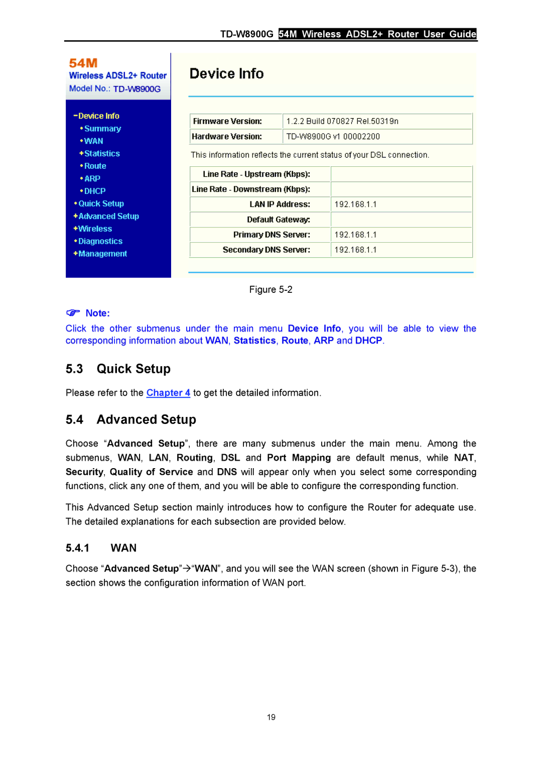 TP-Link TD-W8900G manual Quick Setup, Advanced Setup, 1 WAN 