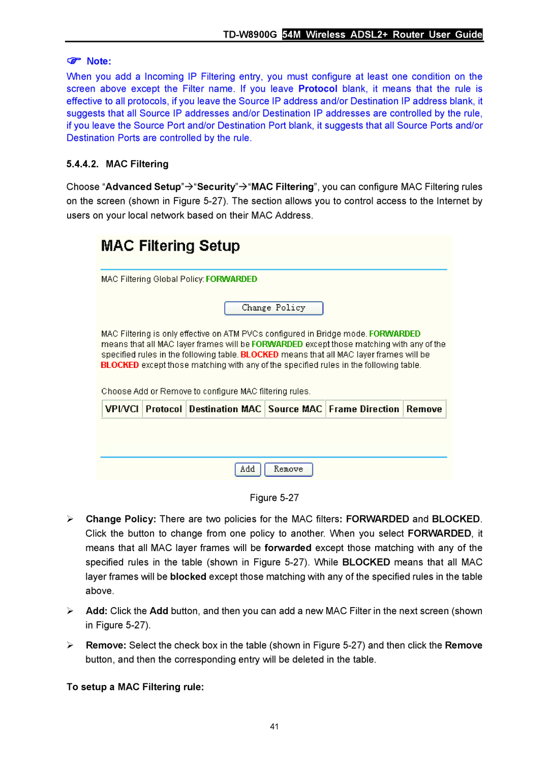 TP-Link TD-W8900G manual To setup a MAC Filtering rule 