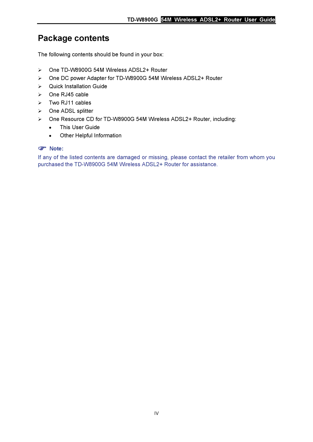 TP-Link TD-W8900G manual Package contents 