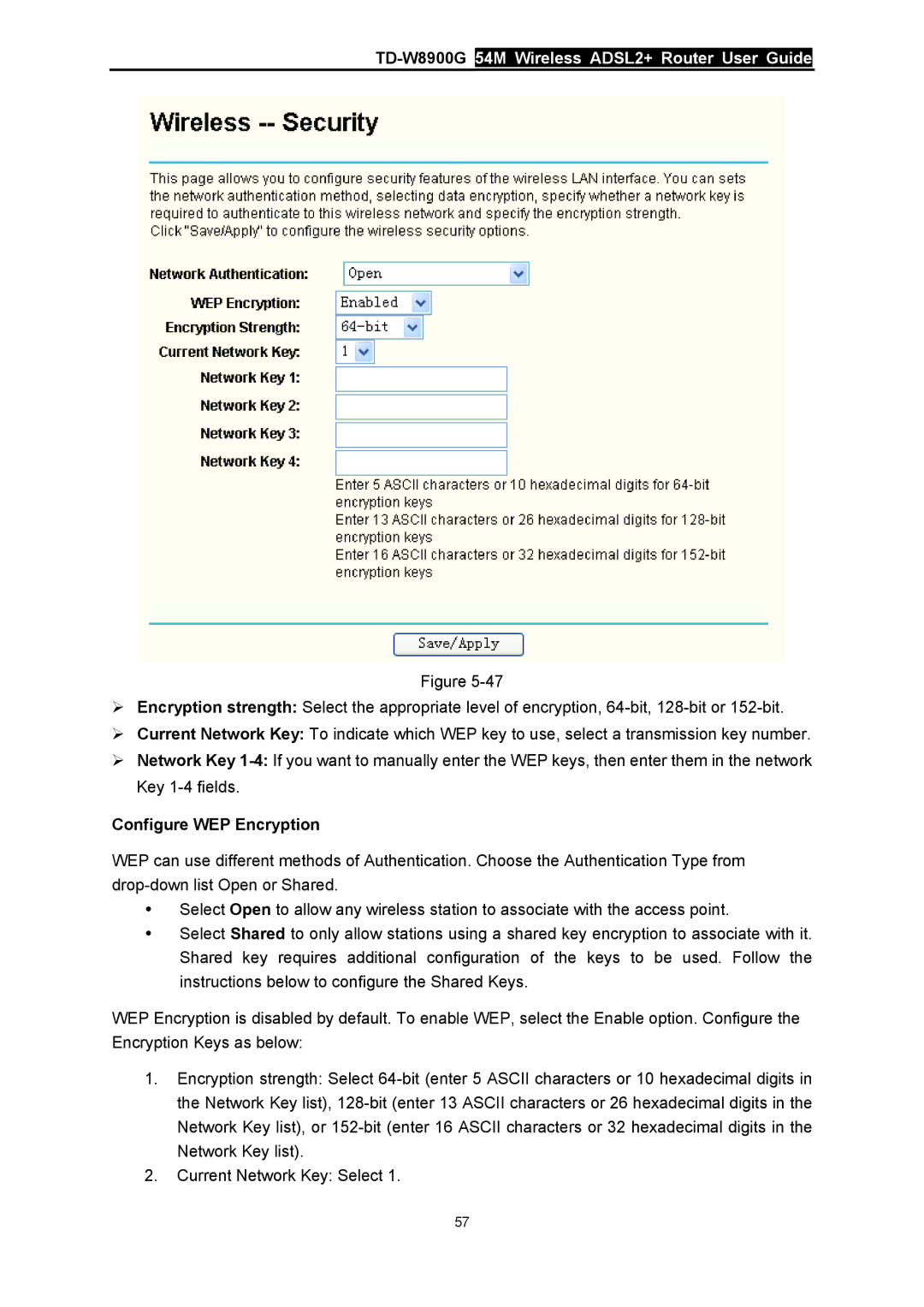 TP-Link TD-W8900G manual Configure WEP Encryption 