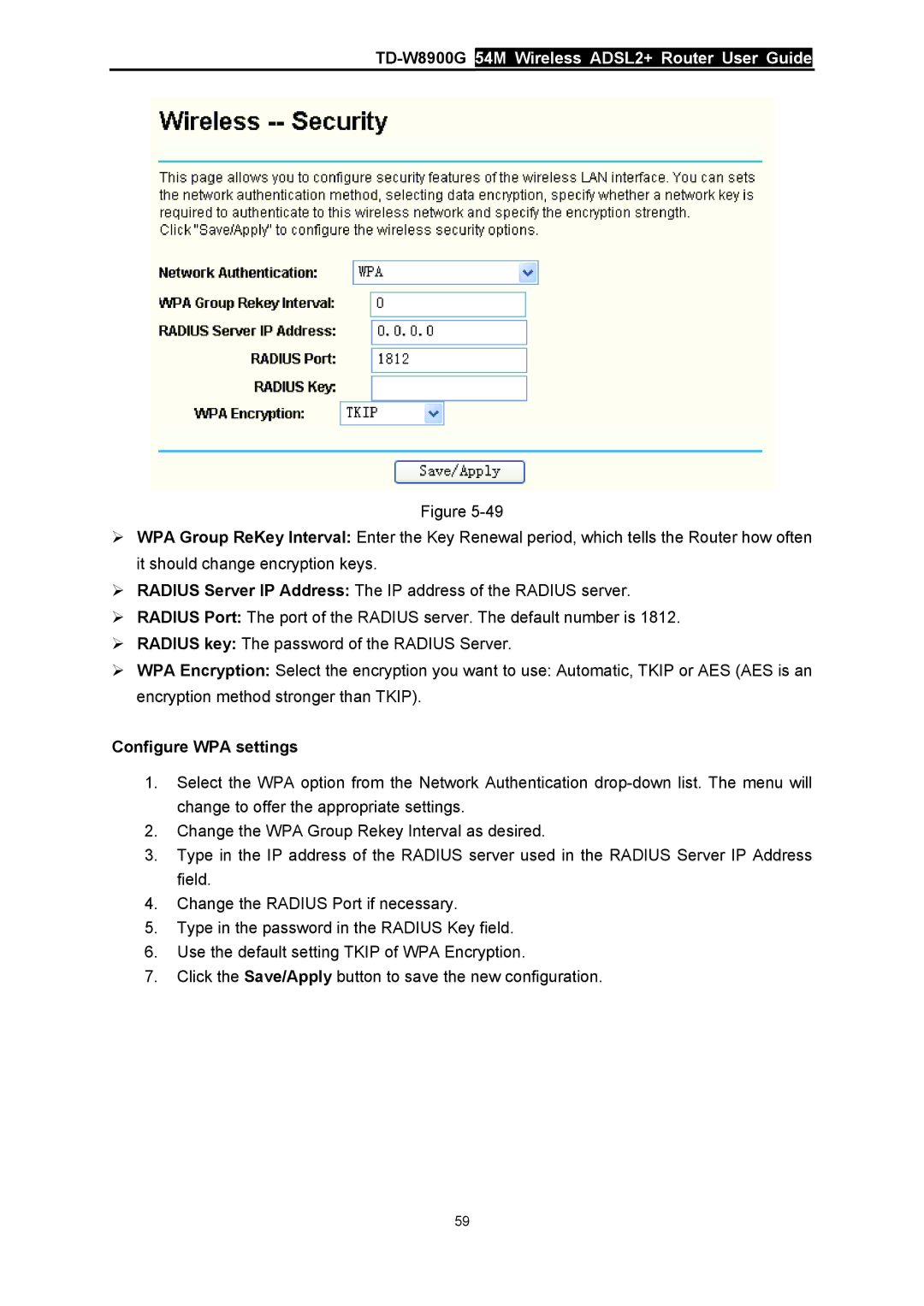 TP-Link TD-W8900G manual Configure WPA settings 