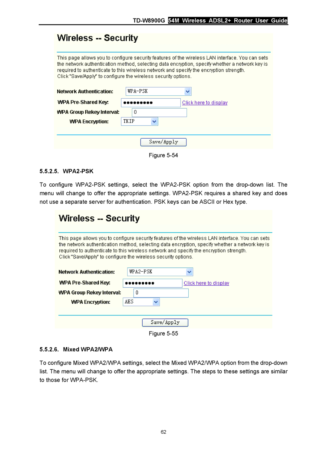 TP-Link TD-W8900G manual WPA2-PSK, Mixed WPA2/WPA 