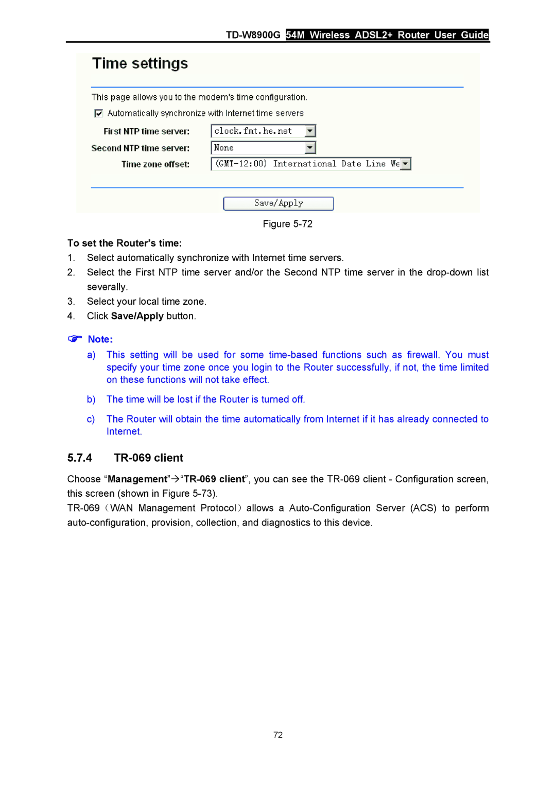 TP-Link TD-W8900G manual 4 TR-069 client, To set the Router’s time 