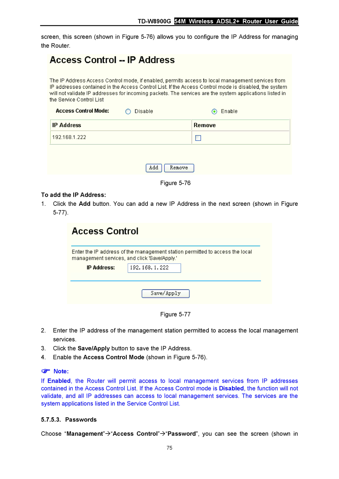 TP-Link TD-W8900G manual To add the IP Address, Passwords 