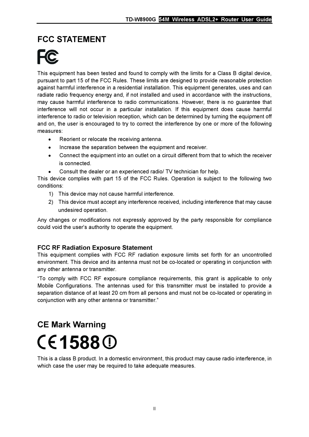 TP-Link TD-W8900G manual Fcc Statement, CE Mark Warning, FCC RF Radiation Exposure Statement 