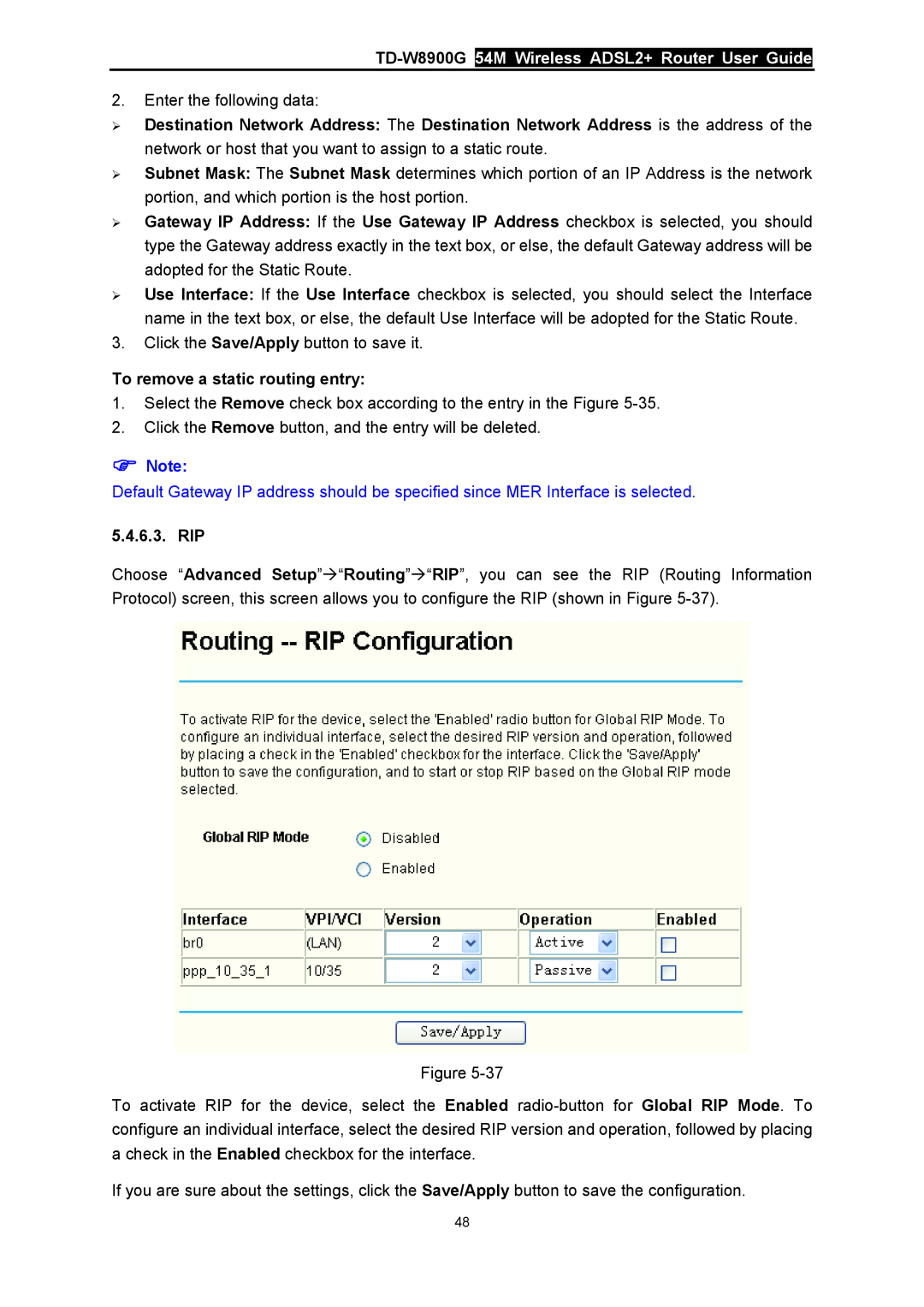 TP-Link manual TD-W8900G 54M Wireless ADSL2+ Router User Guide, To remove a static routing entry, Rip 